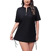 Halcurt Women's Plus Size Rash Guard Short Sleeve Swim Shirts with Tie Drawstring Half Zip UPF50+ Swimsuit Top