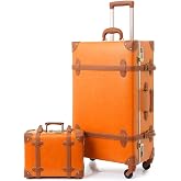 urecity Vintage Luggage Set 2 Piece, Vegan Leather Retro Trunk Suitcase | Zipperless TSA Lock, 360&deg; Mute Spinner Wheels, Aluminum Frame, Faux Leather &amp; PP Shell, Protective Cover Included