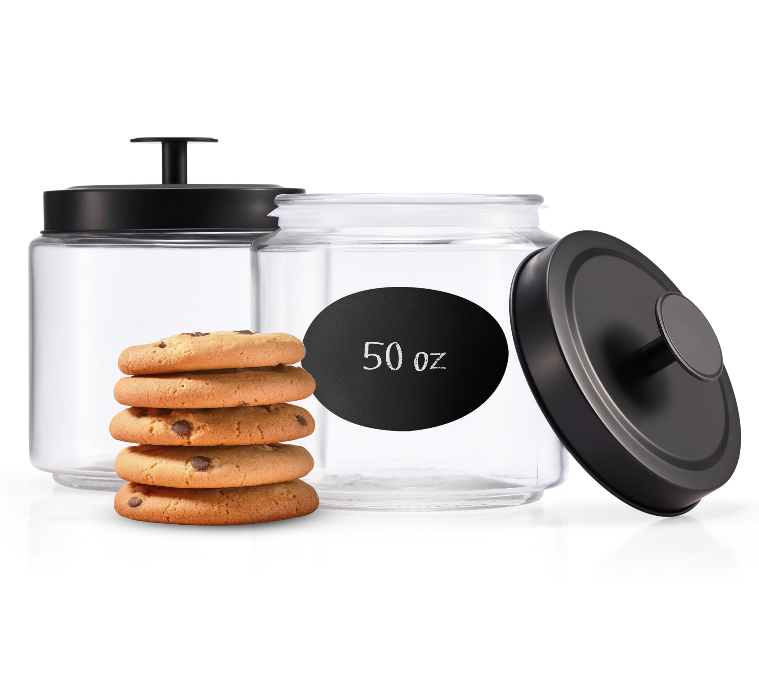 Photo 1 of **MISSING LIDS**KooK Glass Kitchen Canister Set, Food & Storage Containers for Pantry, Bathroom Apothecary Jars, Tinplate tight Lids, Counter Organizers, 50 oz, Black, Set of 2