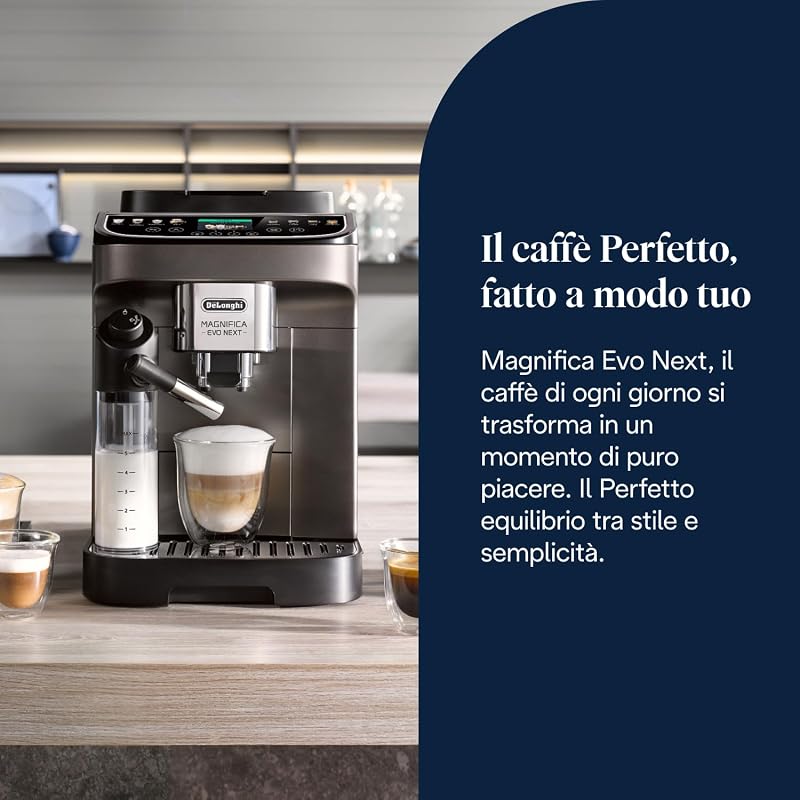 Magnifica Evo Next ECAM312.80.TB, Macchina Caffè Automatica con Monta Latte Automatico, Macchina Caffè Chicchi per Caffè e Cappuccino con Display Touch Intuitivo, 1450W, Nero/Titanio