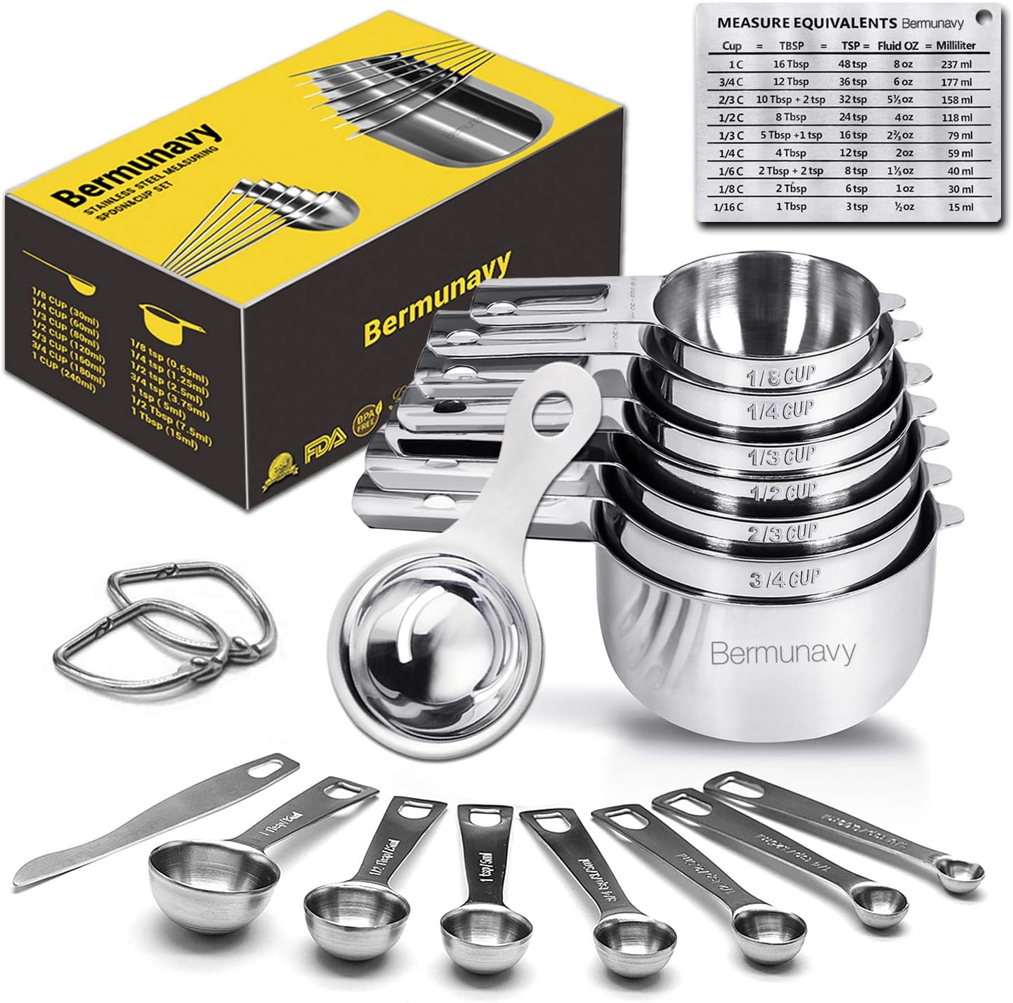 Measuring Cups,Bermunavy Measuring Cups and Spoons Set of 17 in 18/8 Stainless Steel:7 Measuring Cups and 7 Measuring Spoons,Convenient Leveler,Egg Separator,Magnetic Measurement Conversion Chart