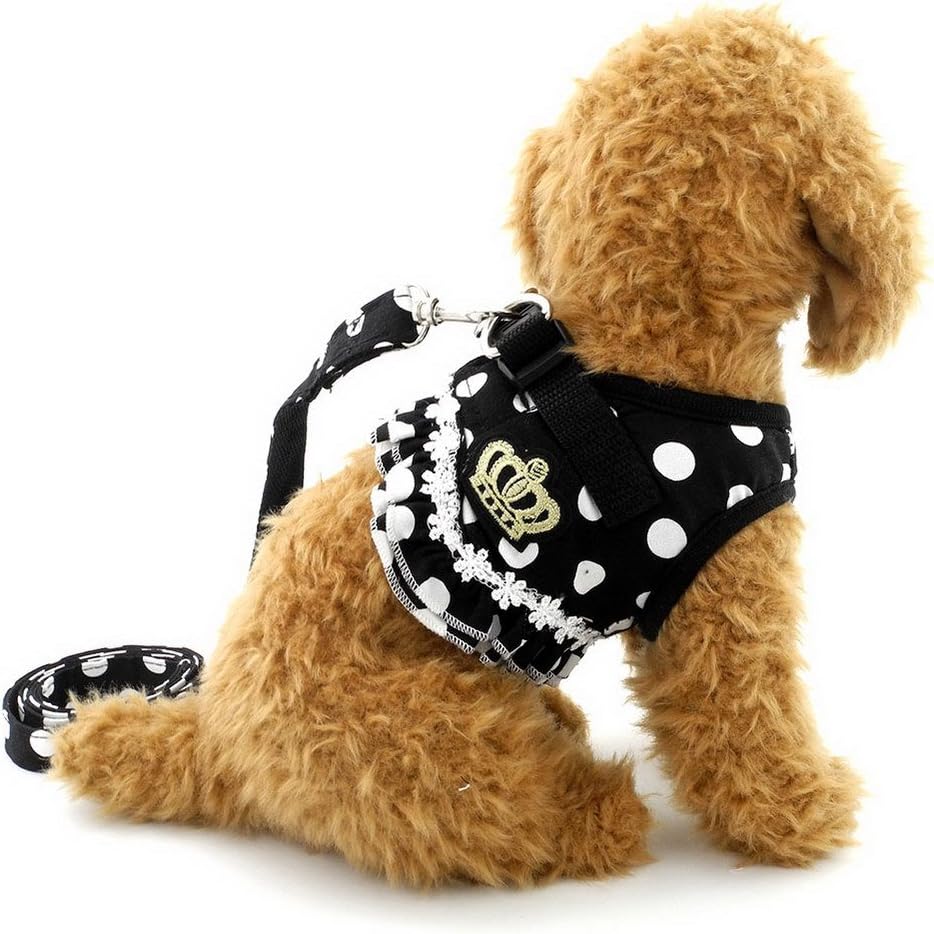 SELMAI Puppy Cat Girl Dog Ruffles Polka Dots Small Dog Vest Harness Lead Set Mesh Padded No Pull Black L, L(Bust: 16.5";for 7-11 Lbs)