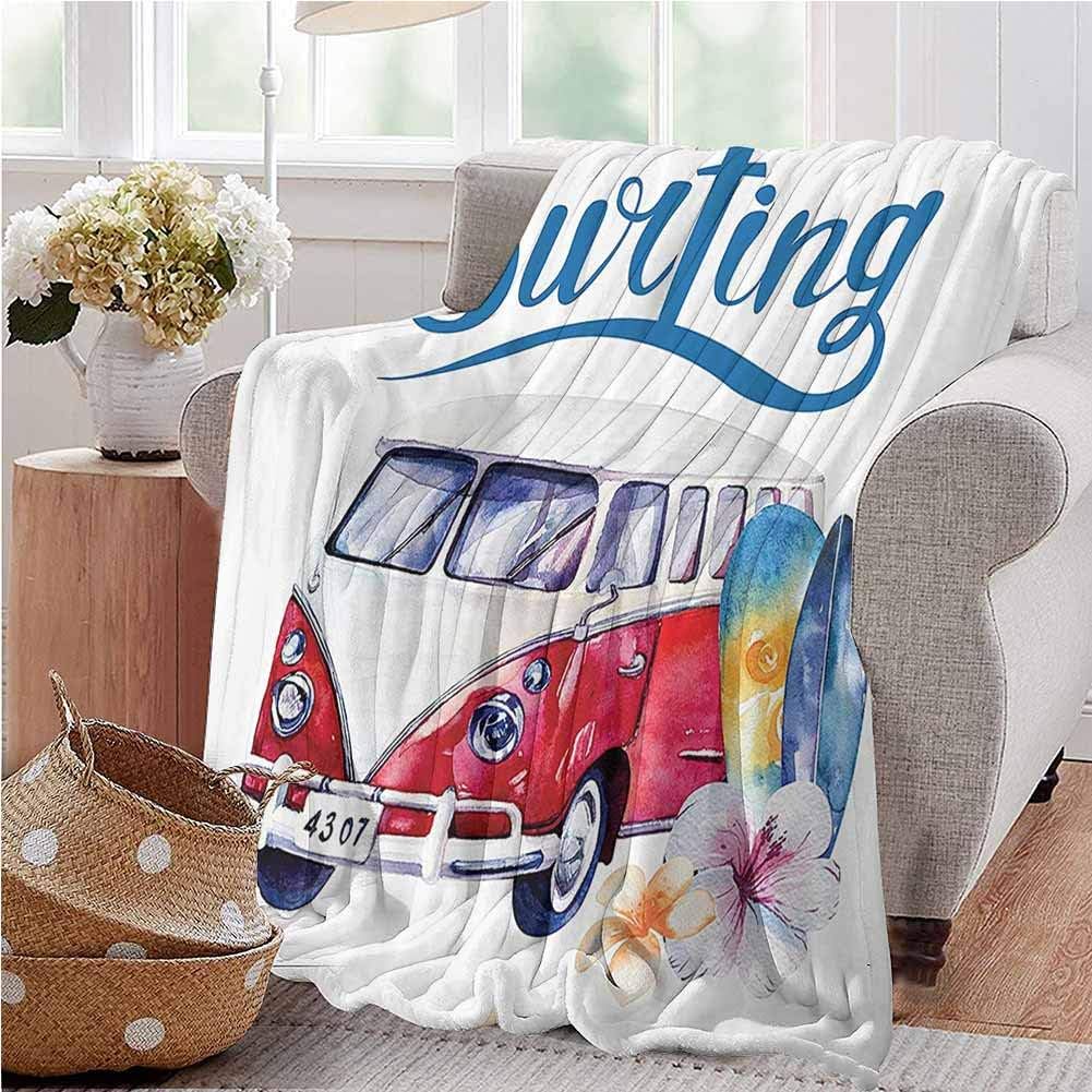 Surfboard Decor Collection Flannel Throw Blanket Beach Holiday Tropical Travel Adventure Surfing Time Wagon Bus Shell and Flower Image Baby Small Fleece Blanket 60x80 Inch Red Blue Twin Size