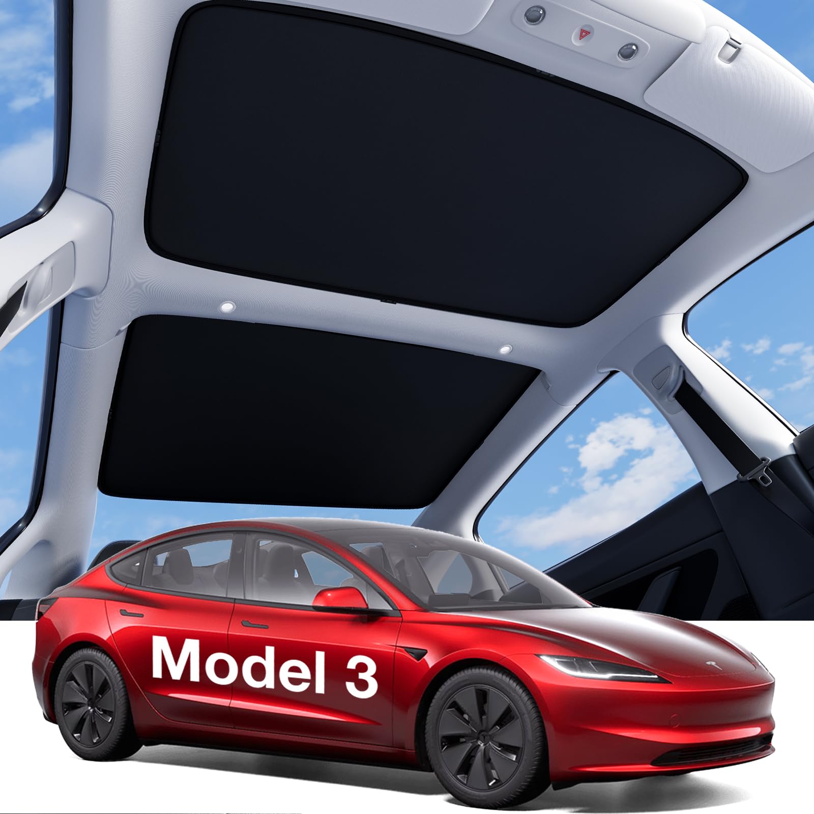 Photo 1 of Wigoo 2025 Tesla Model 3 Sunshade Roof [Never Sag, Nano Ice-Crystal Coatings] Heat Reflective Glass Roof Sun Shade, Accessories for Tesla Model 3 2020~2026, Tesla Interior Black