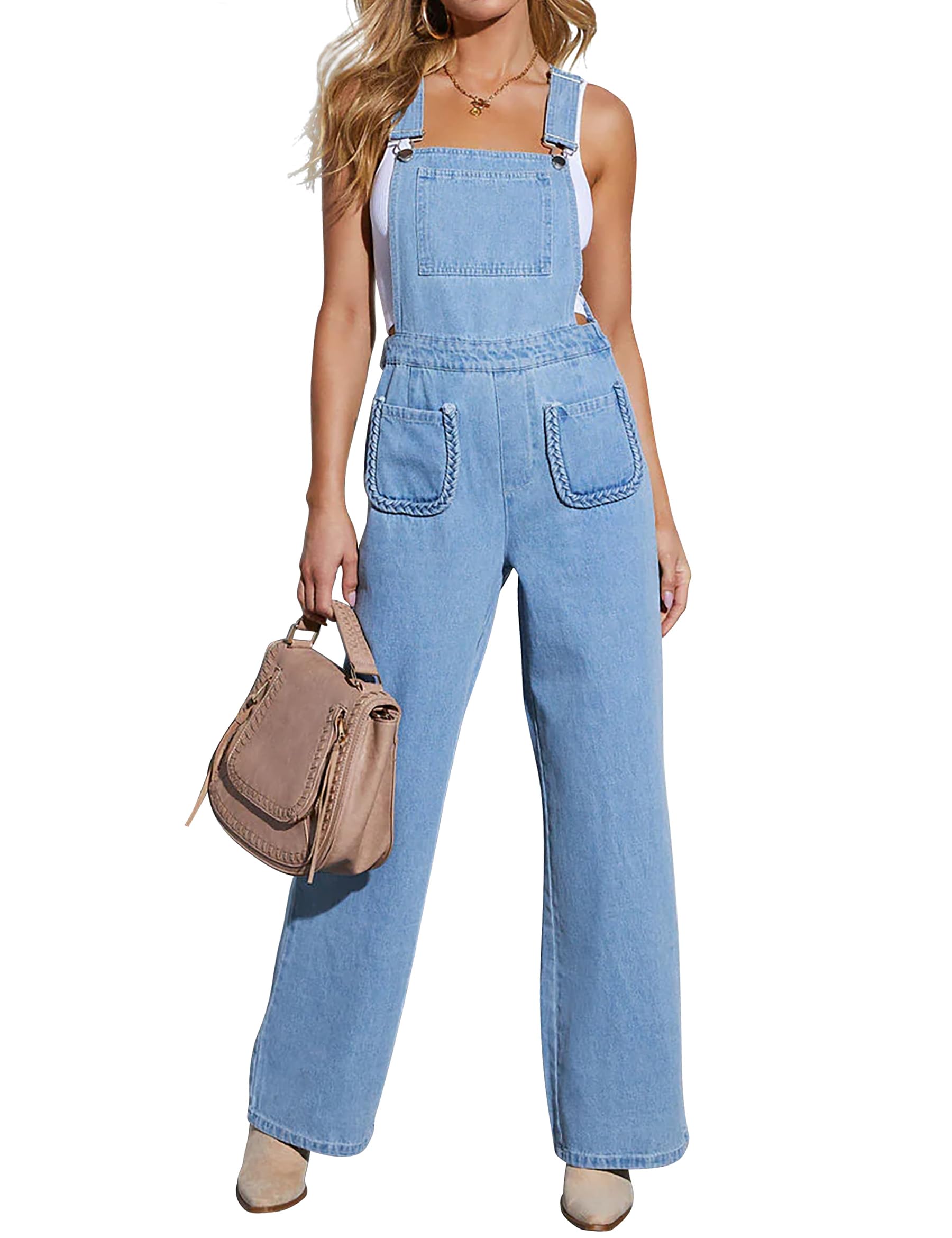 Photo 1 of *MINOR DAMAGE - USED*
POTILI Women's Denim Bib Overalls Adjustable Strap Jean Jumpsuit Straight Wide Leg Stretchy Jean Pants Casual Work Outfits with Pockets