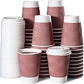 MATICAN Paper Coffee Cups, 50-Pack 12-oz Insulated Corrugated Disposable Paper Cups, With Lids, Ripple Wall Cups for Hot Beverage or Cold Drinks, Marsala