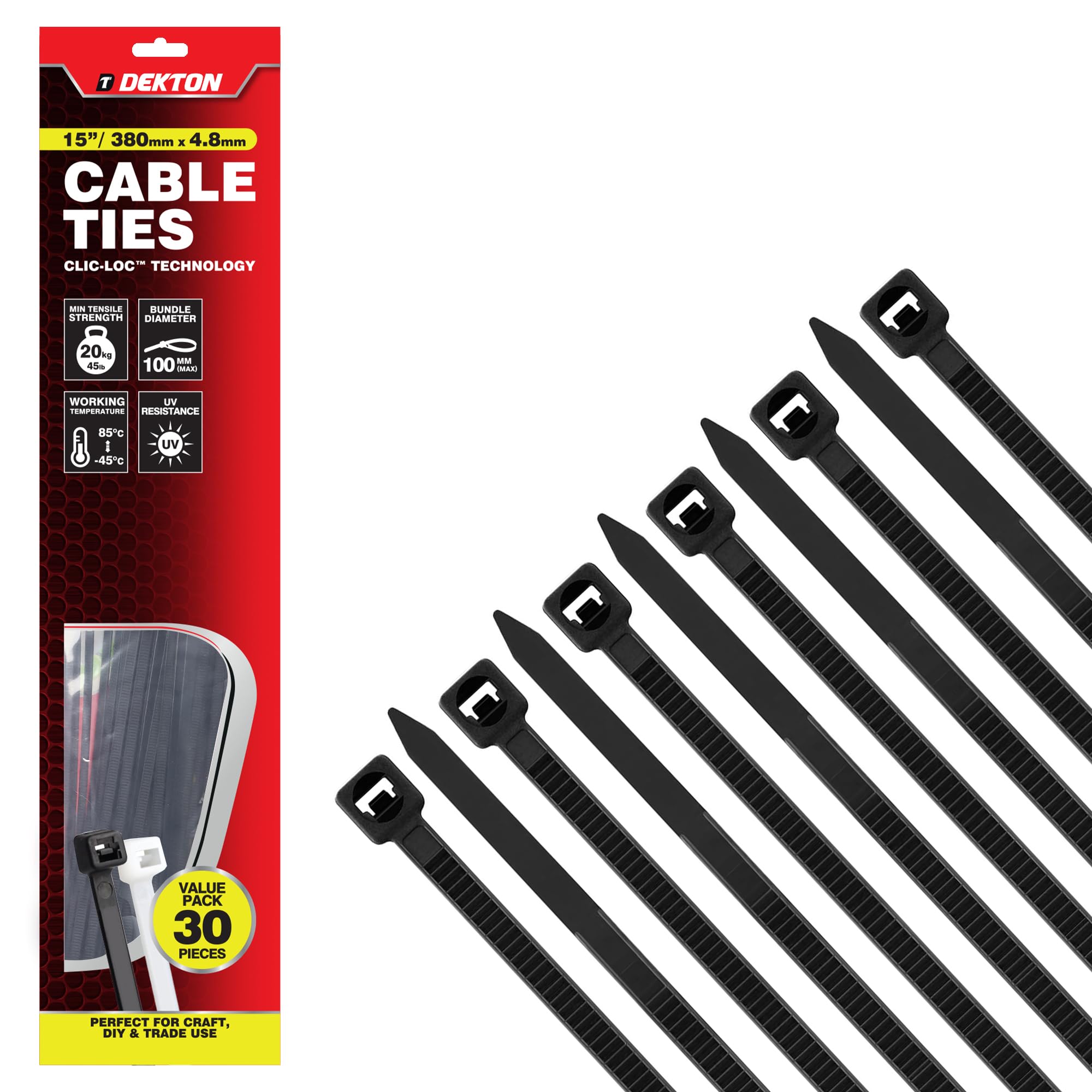 Dekton 30PC Cable Tie Set - 4.8MM X 380MM Black | Heavy Duty Industrial Strength | High Temperature Resistant | Self-Locking Teeth | Ideal for Cables, Piping, Gardening & Wires | Indoor & Outdoor Use
