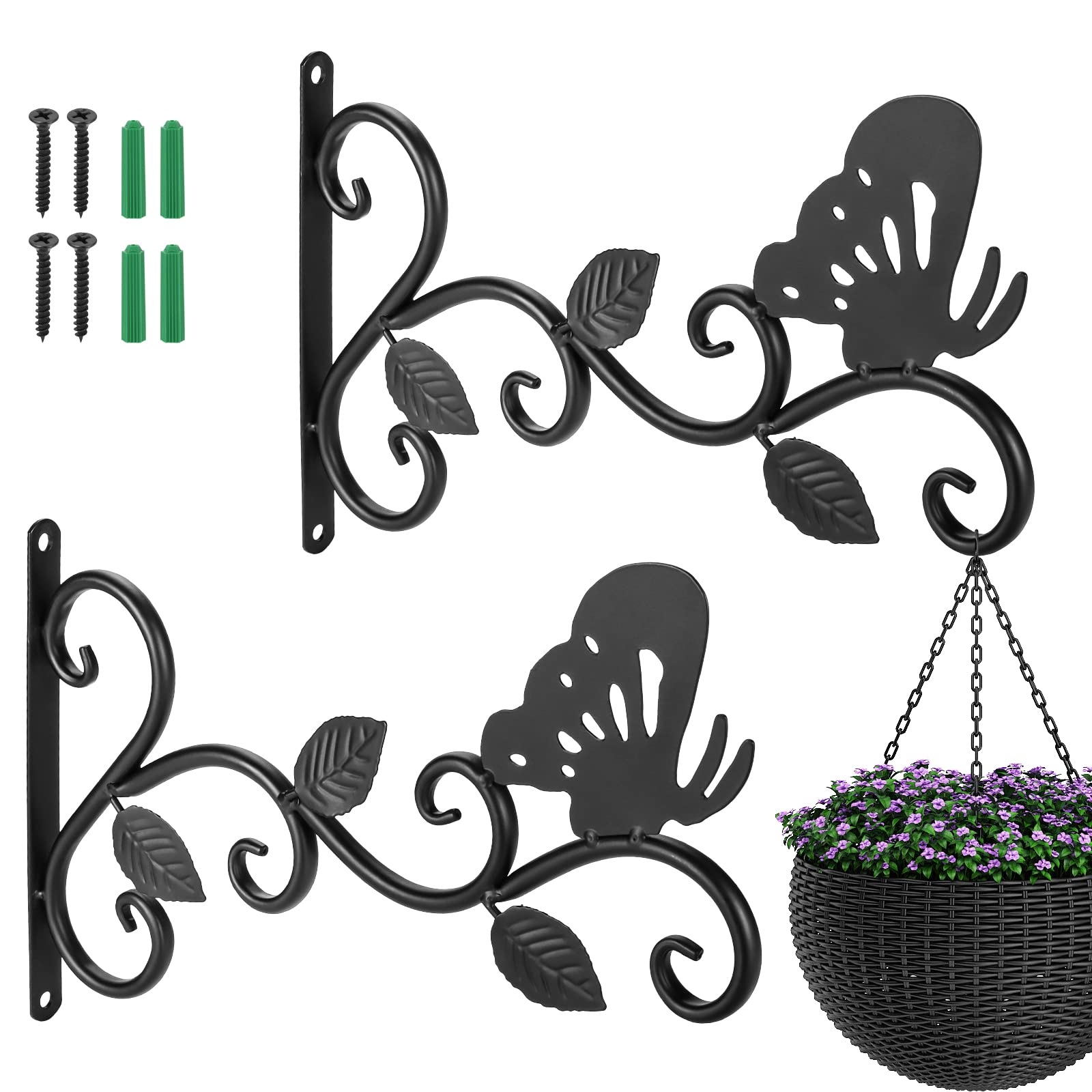 Kyrio 2 Pack Hanging Basket Bracket Outdoor, 12 Inch Wall Hanging Plant Hook Metal Retro Garden Hook Decorative Plant Brackets for Hanging Plants Bird Feeders Lanterns (Butterfly), Black (HAG009)