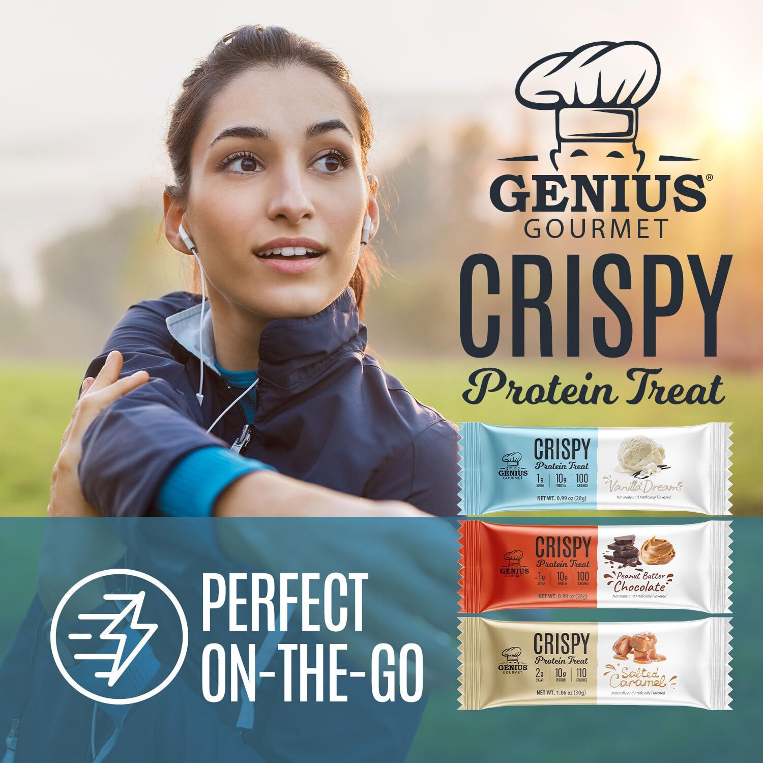 Genius Gourmet Crispy Protein Treat, Vanilla Dream, Keto Snack, Low Carb, Low Sugar & Gluten Free, Protein Snacks for Adults, 10G of Whey Protein per Protein Bar, 5 Net Carbs, On The Go Snack, 10 CT