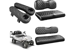 NOKINS Golf Cart Seat Covers for YAMAHA/G29/Drive2, Vinyl Front&Rear Seat Cover with Flip-Up Armrests kit, with Cup Holder, for 1" Square Tube (Black&Black Stitching)