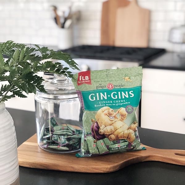 GIN GINS ORIGINAL GINGER CHEWS – NATURAL FRESH GINGER CANDY BY THE GINGER PEOPLE – INDIVIDUALLY WRAPPED HEALTHY CANDY – ORIGINAL FLAVOR – LARGE 1 LB BAG (16OZ) – PACK OF 1