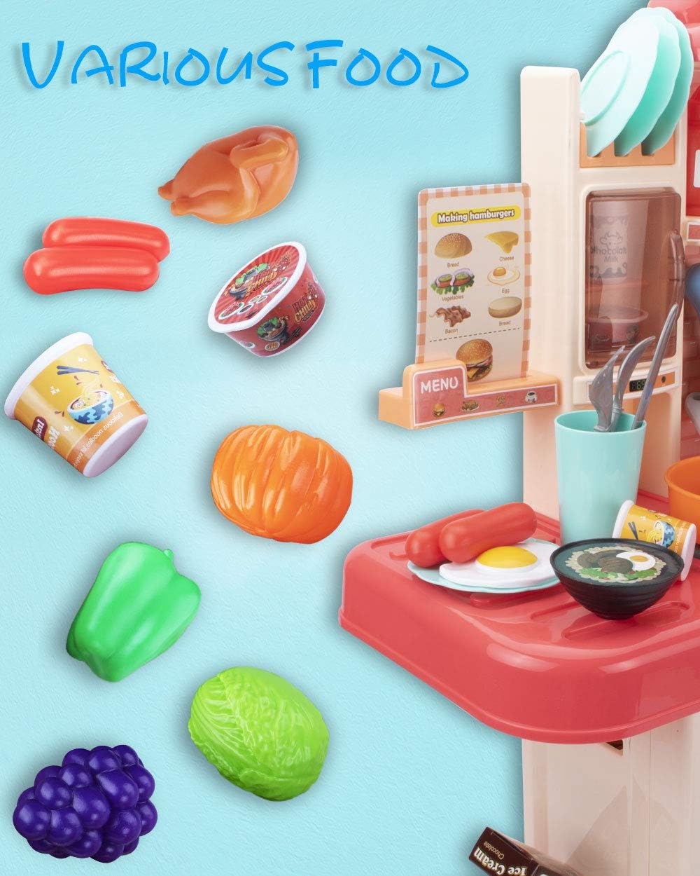 UNIH Kids Kitchen Sets for Girls Little Pretend Pink Play Kitchen Playset Toy with Realistic Lights & Sounds,Play Oven & Sink,Other Kitchen Accessories Toys for Girls and Boys: Toys & Games