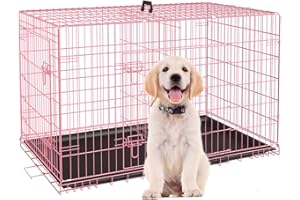 BIQWBIC 24 Inch Small Dog Crate, Heavy Duty Dog Crates for Small Dogs, Metal Wire Folding Dog Cage with Removable Trays, Locks, Double-Door, Divider Panel, Handle, Puppy Crate Pet Crate (24 in, Pink)