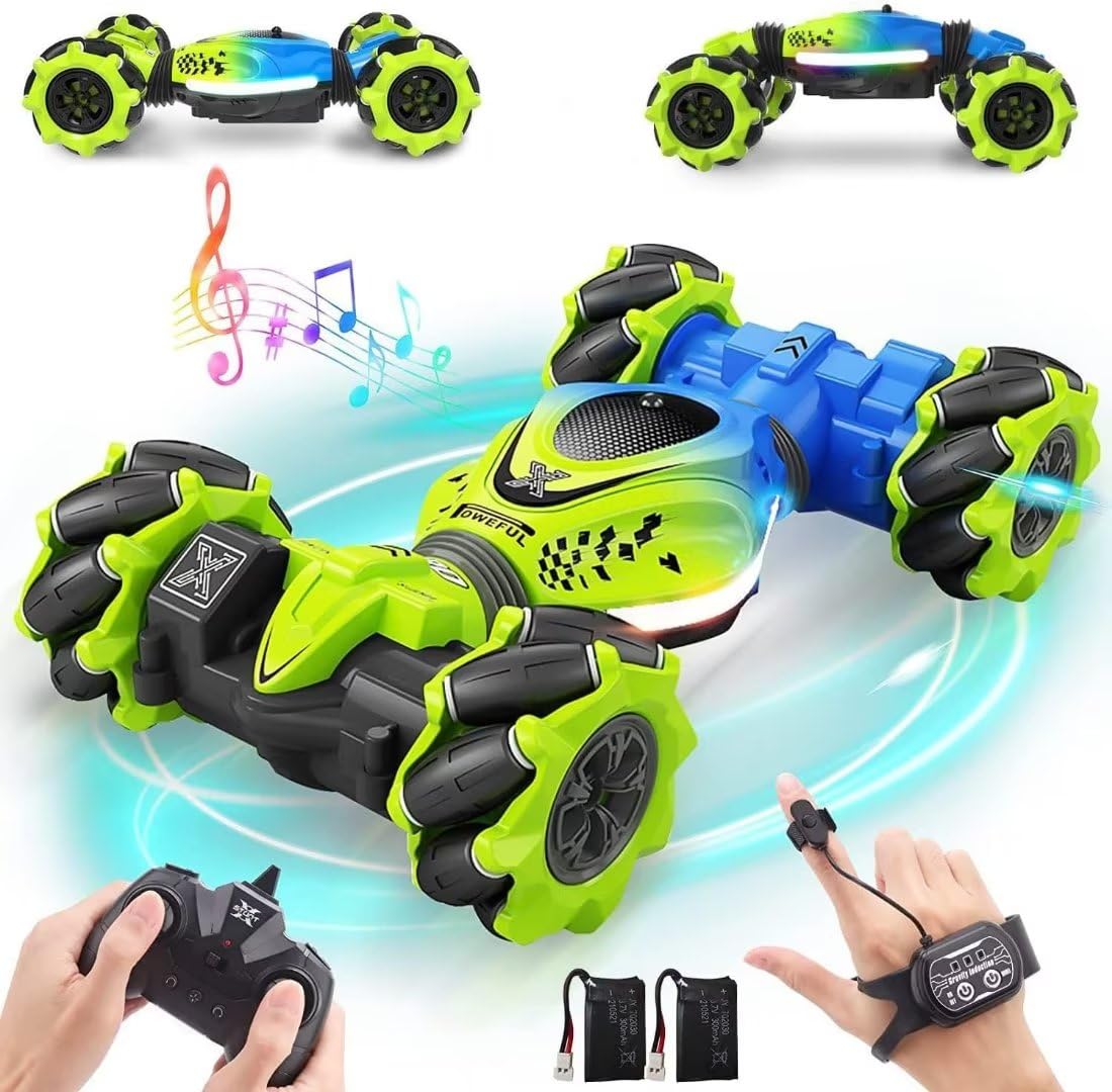 ROCKY&CHAO Remote Control Car for Kids Adults, 2.4GHz 4WD Gesture Sensor Drift RC Stunt Car, Double Sided Rotating 4WD High Speed Off-Road Vehicle Toys 360° Rotation with Lights and Music-Green — image 1