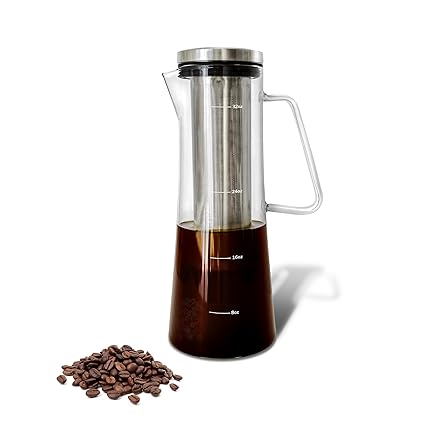 Cold Brew Iced Coffee Maker and Tea Infuser with Spout | Brocca by Bassani | 1.0L32oz Glass Carafe with Stainless Steel Removable and Reusable Filter