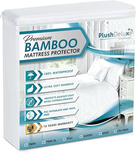 PlushDeluxe Premium Bamboo Mattress Protector – Queen Size, Waterproof, & Ultra Soft Breathable Noiseless Washable Bed Mattress Cover for Comfort & Protection - White