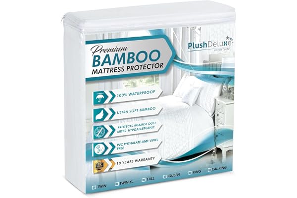 PlushDeluxe Bamboo Waterproof Mattress Protector, Queen Size, Ultra Soft | Breathable, Noiseless, Hypoallergenic, Washable, 60x80" Up to 18" Deep, Viscose Derived from Bamboo Mattress Cover, White