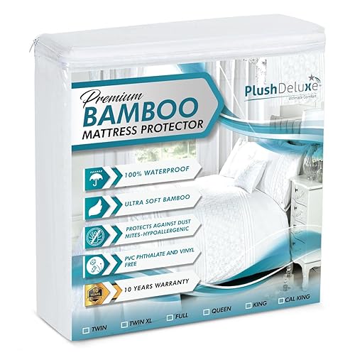 PlushDeluxe Premium Bamboo Mattress Protector – King Size, Waterproof, & Ultra Soft Breathable Noiseless Washable Bed Mattress Cover for Comfort & Protection - White