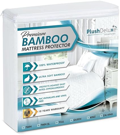 Mattress Protectors & Encasements - PlushDeluxe Premium Bamboo Mattress Protector – King Size, Waterproof, & Ultra Soft Breathable Noiseless Washable Bed Mattress Cover for Comfort & Protection - White