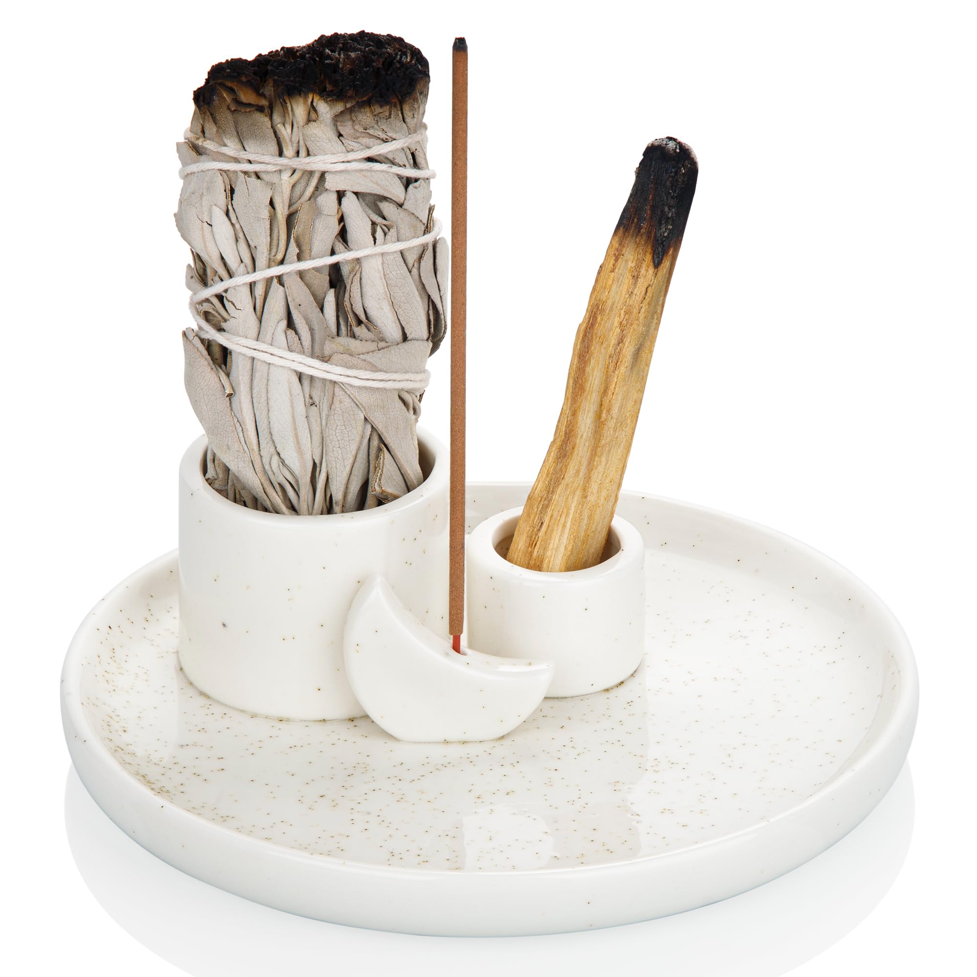 ZenBless Incense Burner Palo Santo Sage Holder for Burning, Incense Holder for Sticks, Ceramic Candle Holder, 5.9 inches Ceramic Ash Catcher Tray for Meditation Yoga Room Gifts Hand Craft (White)
