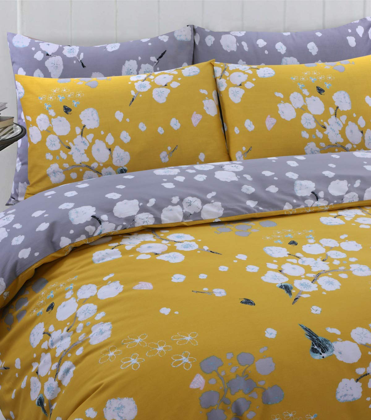 LinenZone - 100% Cotton Reversible Printed Duvet Cover Set - Carefree (Blossom Mustard, Super King)