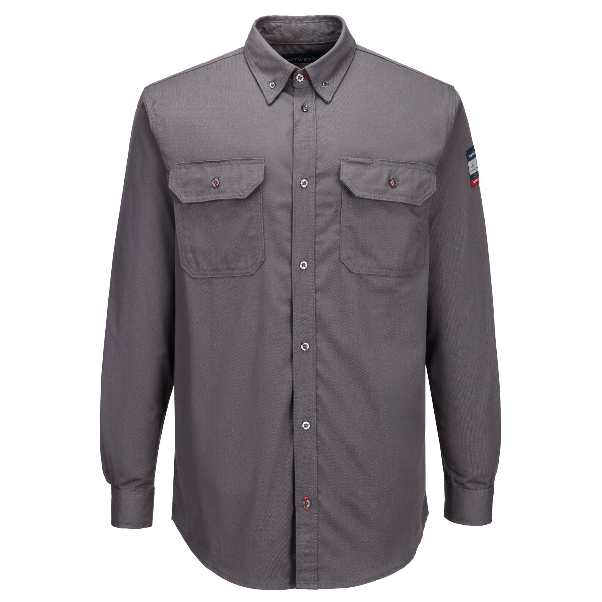 Portwest FR89 Bizflame 88/12 Lightweight FR Shirt Flame-Resistant ARC2 Protection CE Certified UV Resistant Durable Workwear Chest Pockets Adjustable Cuffs Breathable Fabric Comfortable Fit, Grey, XL