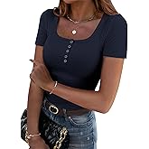 Zeagoo Womens Summer Tops Short Sleeve Shirts Ribbed Knit Square Neck Tshirt Casual Basic Slim Tee