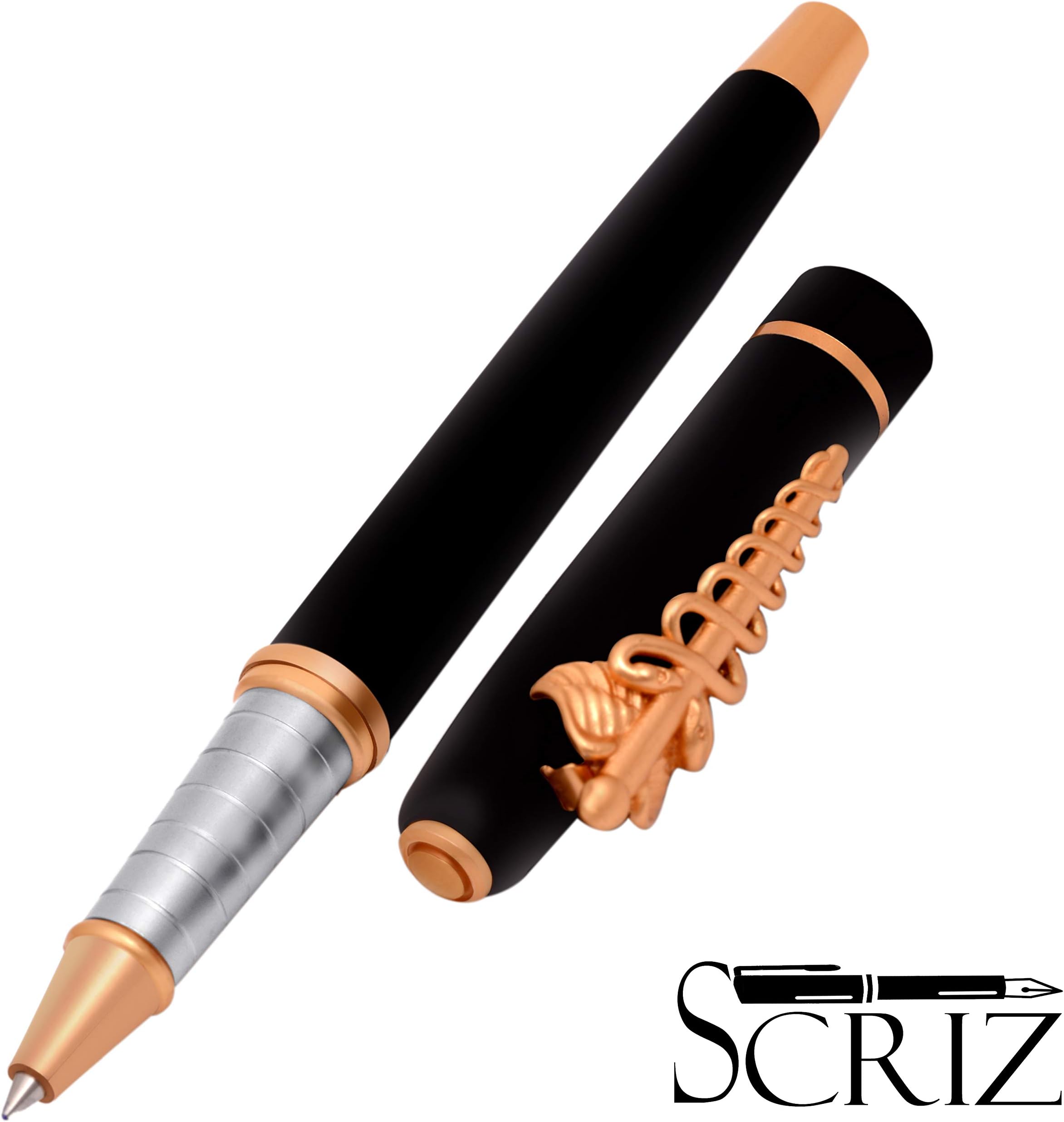 SCRIZ™"Executive Medic Collection" Black - Gold Brass Body, With Special Doctor's Clip, Roller Ball Pen With German Non Dry Refill, Packed In Attractive Box (SZ-00014)