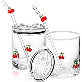 Patelai 2 Pcs Cherry Icon Glasses Cups with Lids and Straws 15oz Reusable Drinking Iced Coffee Glass Cups Cute Xmas Tumbler Gifts for Christmas Adults Women Men Holiday Stocking Stuffer