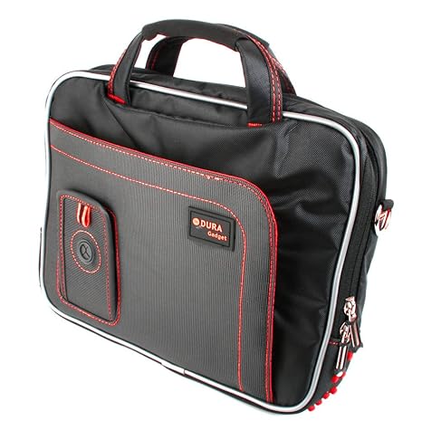 DURAGADGET extravagante Schultertasche für Haier Pad 971, Pad W203 und Pad Maxi 10.1 Zoll Tablets (Schwarz mit Roter Naht)