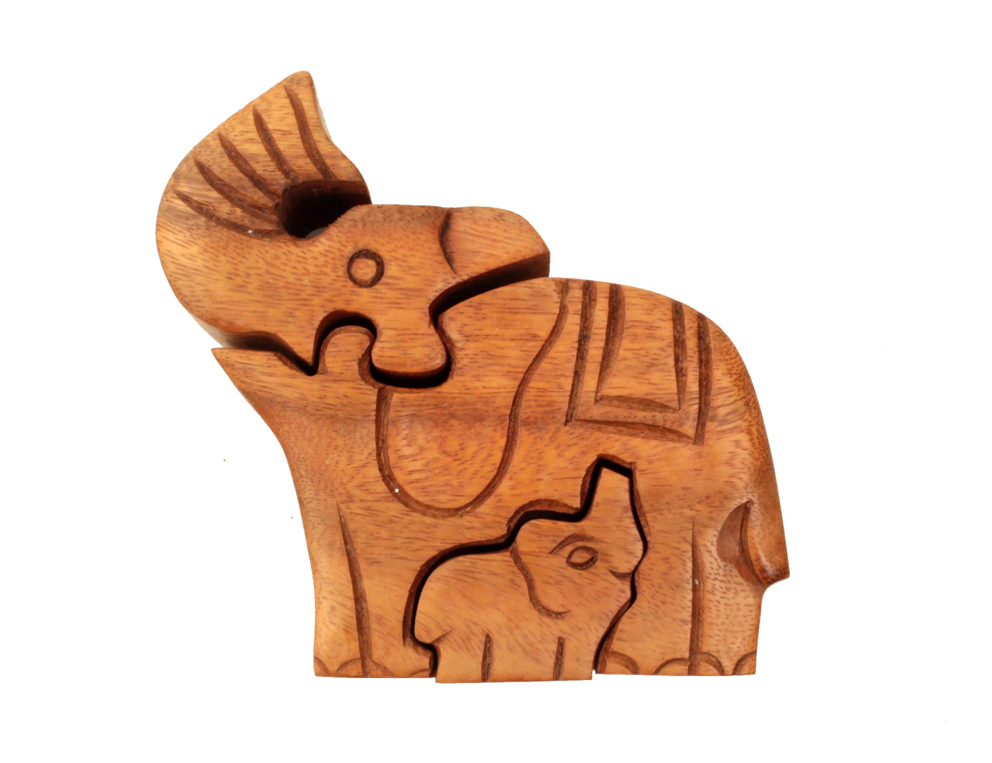 Brave Wings Hand Carved Wooden Treasure Chest Puzzle Trinket Box ~ Elephant and Cub ~ OOAK Unique Figurine Statue Sculpture Gift for Birthdays Christmas for Home Decor or Table Decoration ~ 4016