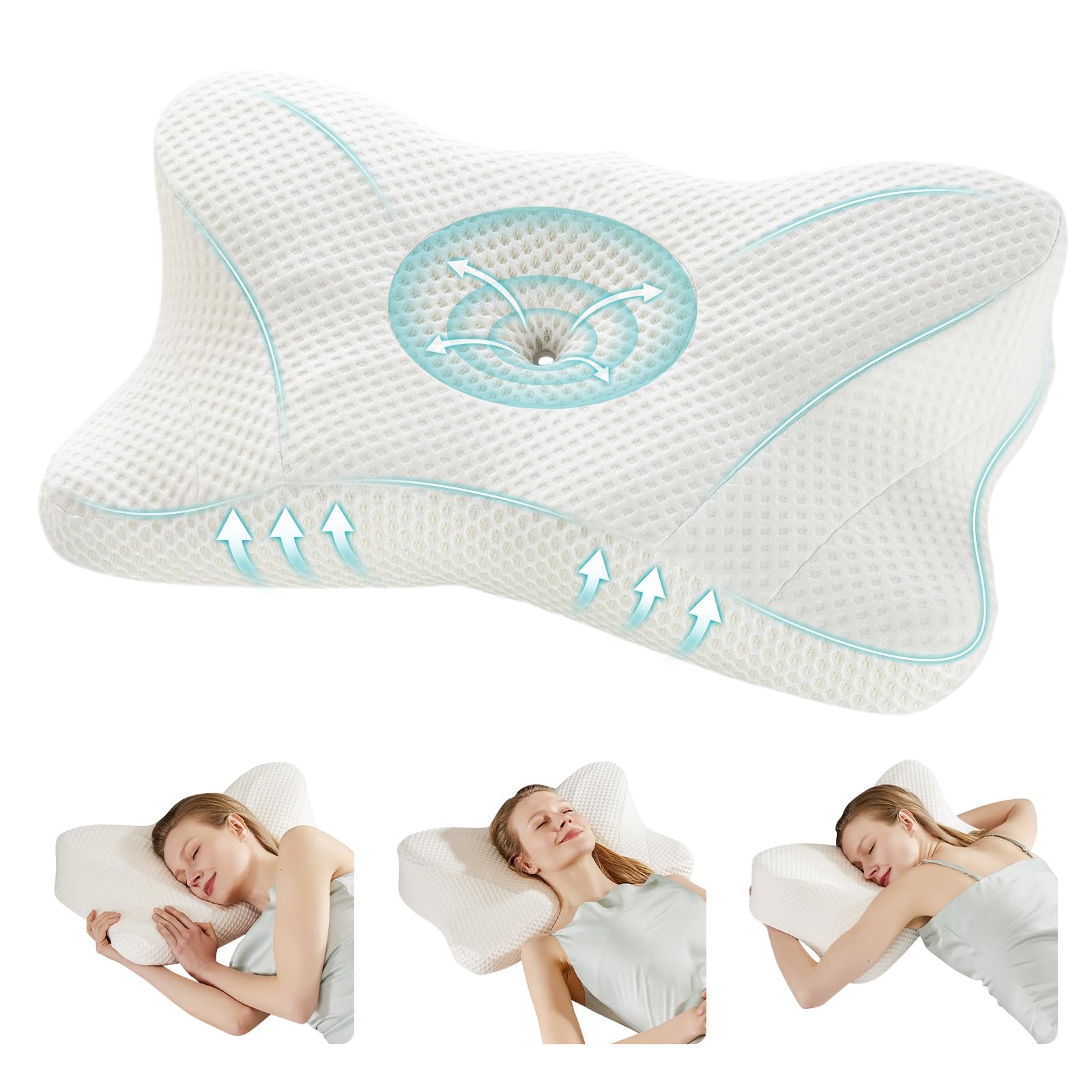 DUMOS Cervical Neck Pillow, Cooling Ergonomic Memory Foam Pillows for Neck Pain Relief with Breathable Pillowcase, Dual Height Orthopedic Support Contour Pillow for Side, Back, Stomach Sleepers, White