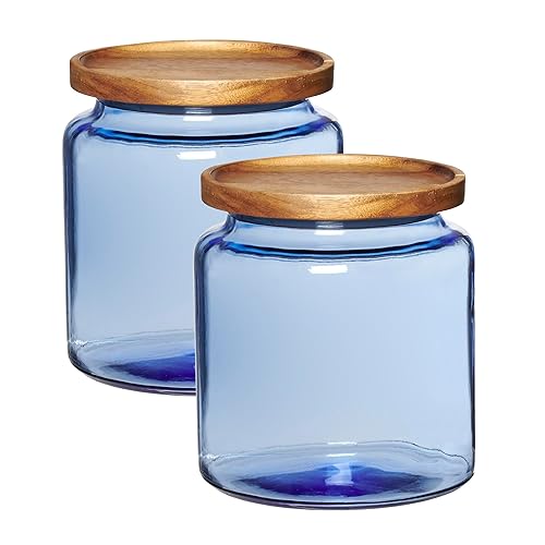 Anchor Hocking Coastal Blue Montana Jar set with lids (2-piece, 96-ounces, acacia wood lid)