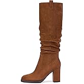 Suede Knee High Boots for Women - Tall Chunky High Heel Dress Boot with Side Zipper, Round Toe Ruched Slouch Block Long Boots for Ladies, Stylish Fall Boot for Work, Party & Everyday Wear