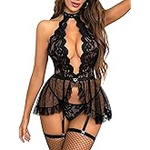 Aranmei Sexy Lingerie for Women Lace Deep V Halter Mesh Chemise 3 Piece Babydoll Lingerie with Garter and Stockings S-XXL