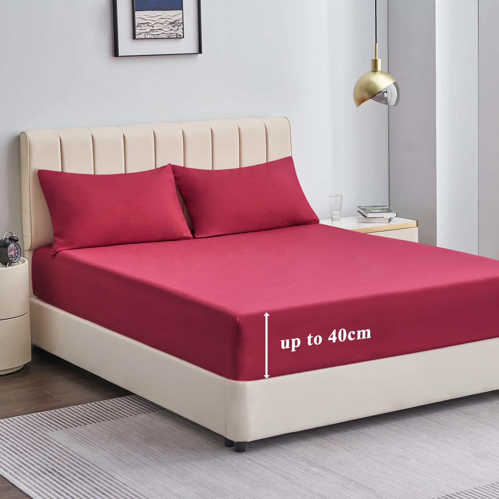 Aisbo Double Fitted Sheet Red - Extra Deep Pocket Bed Sheet 16 inch 40 cm - Microfiber Bottom Sheet, 135x190cm