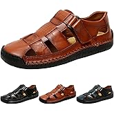 GEEZXWSL Men's Summer Closed-Toe Beach Leather Sandals,Comfort Breathable Non-slip Outdoor Casual Flat Fisherman Shoes
