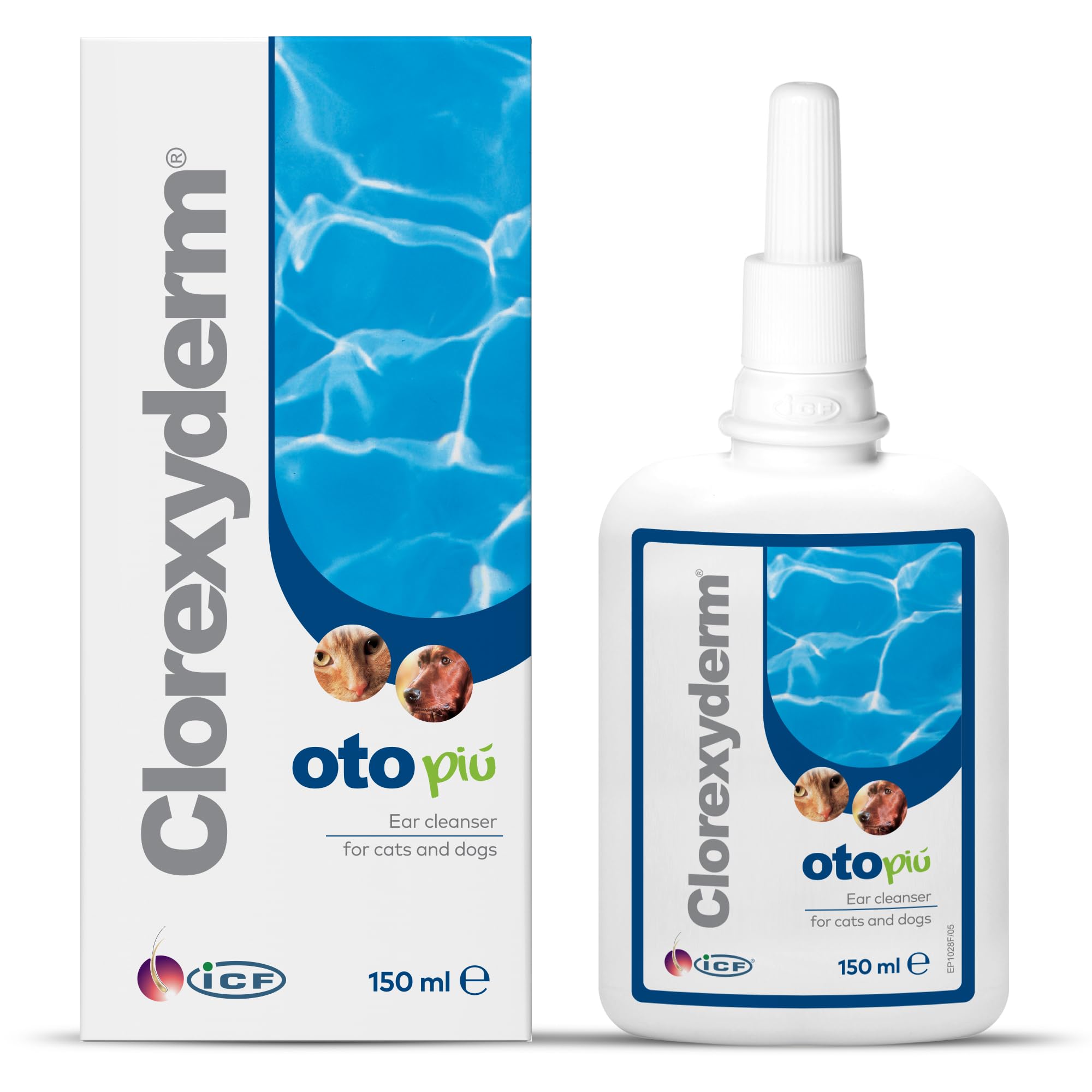 ICF | Clorexyderm OTO Piu | Cat & Dog Ear Cleaner Solution | Dog Ear Drops to Stop Wax Build Up, Head Shaking, Discomfort, Ear Odour & Scratching | 150ml