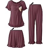 SUNNYBUY 3Pcs Ruffle Trim Postpartum Nursing Pajamas Set with Bowknot, Maternity Breastfeeding PJS Pregnancy Sleepwear