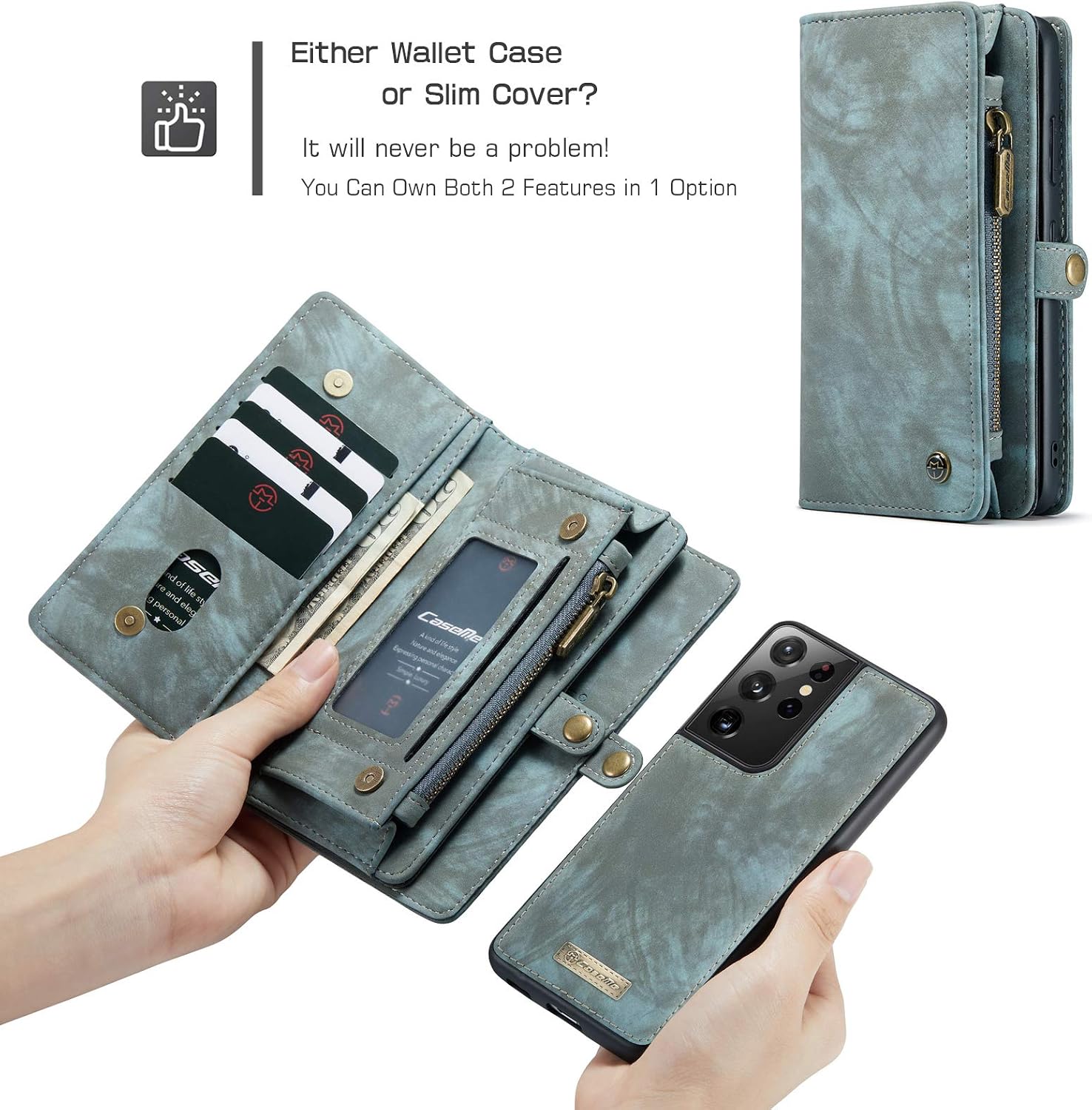 ANROD Detachable Leather Wallet Case for Samsung Galaxy S21 Ultra,CaseMe Magnetic Closure 2-in-1 Flip TPU Shockproof Zipper Purse Back Cover with Card Slots (Blue) - Image 5