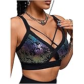 OYOANGLE Women's Metallic Printed Sports Bra Criss Cross Workout Padded Medium Support Running Bras Gym Crop Tops