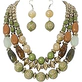 Bocar 3 Layer Chunky Statement Beaded Necklace and Earrings Set, Fashion Multi Layer Women Collar Necklace Jewelry Set
