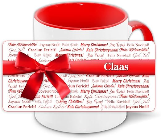 Buon Natale In Lingue Diverse.Tazza Di Natale Con Nome Claas E Immagine N 7 62 Cm Con Bordo Rosso Con Scritta Buon Natale In Diverse Lingue Amazon It Casa E Cucina