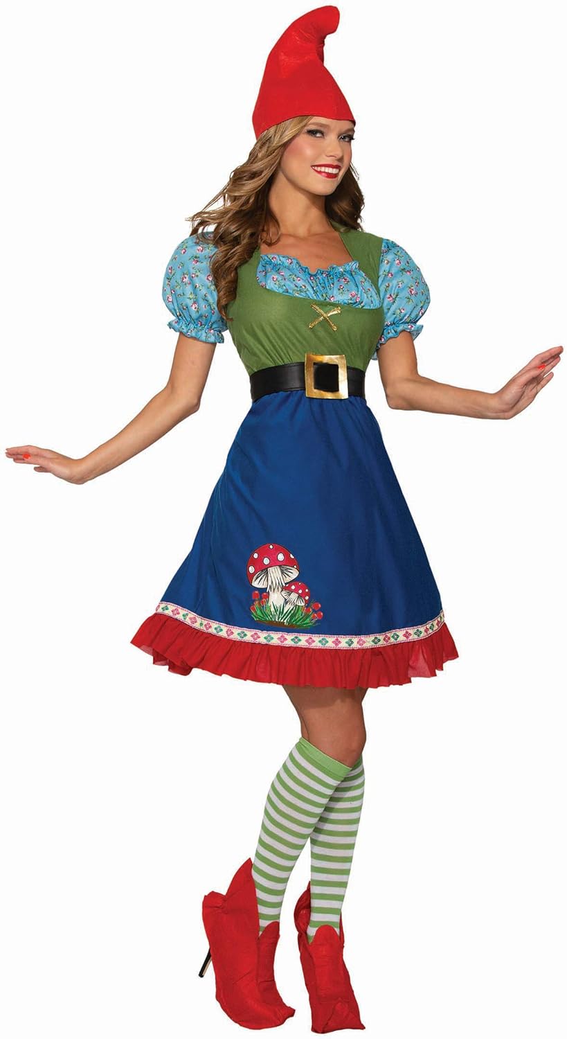Flora The Garden Gnome Costume Fancy Dress Mushroom Womens Halloween SM-LG