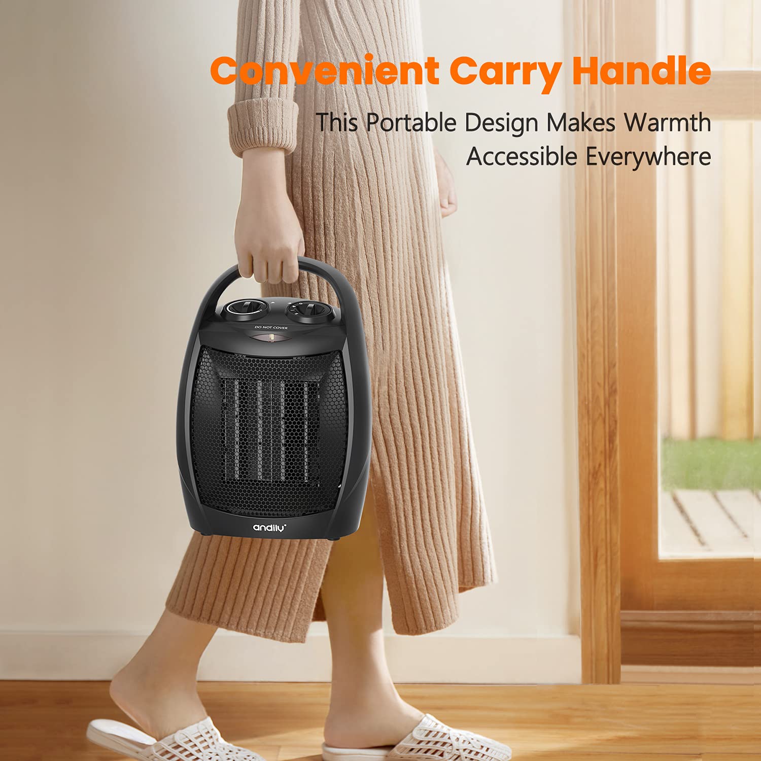 andily Compact Portable Ceramic Space Heater with Adjustable Comfort control Thermostat, 3 settings, Easy handle, Great for use in Home, Dorm, Office Desktop, and Kitchen, ETL for Safe (Black)