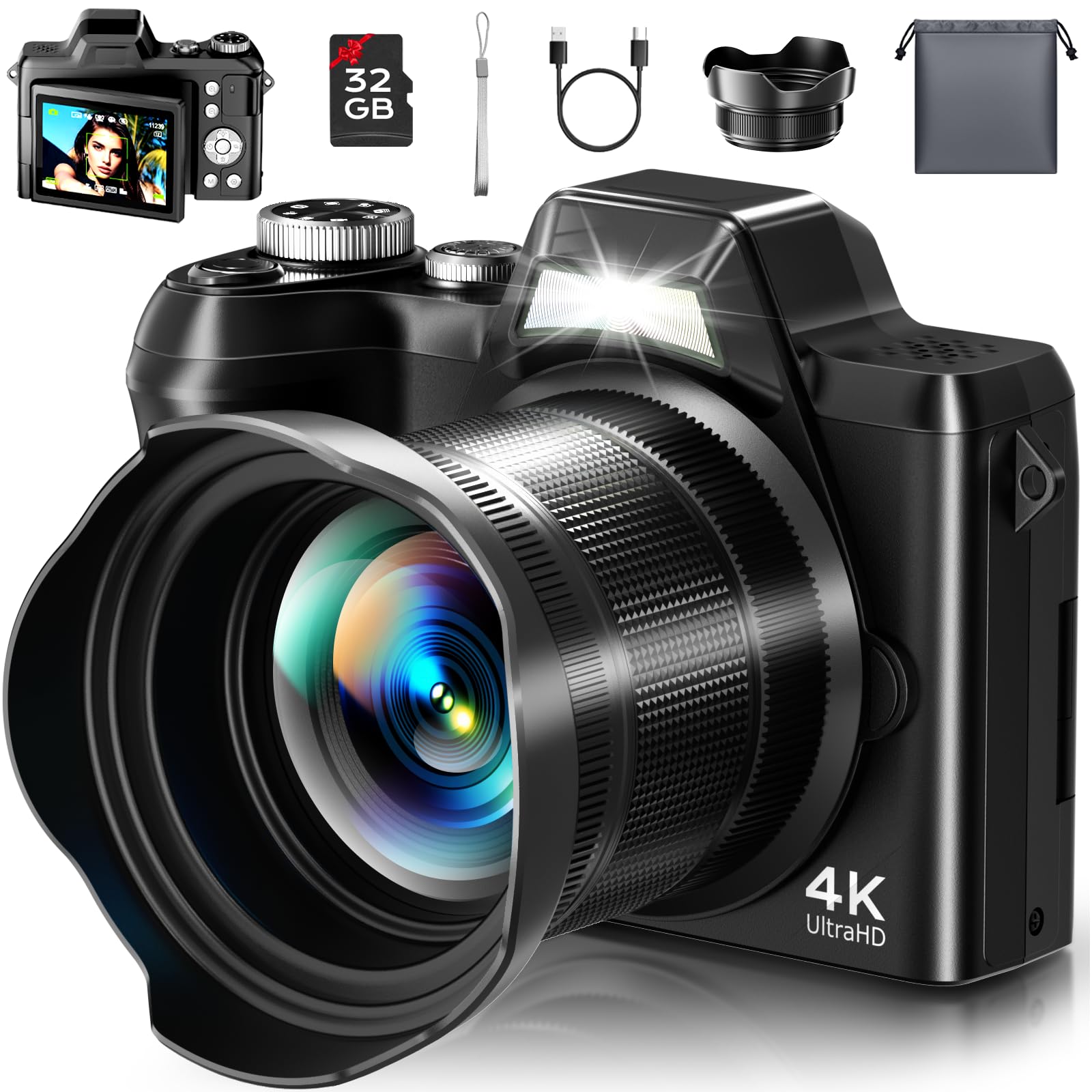Photo 1 of 4K Digital Camera for Photography, Autofocus 56MP Vlogging Camera for YouTube/Content Creators/Travel, 16X Zoom Video Camera with 3" 180°Flip Screen & Lens Hood, Gift Ideas for Teens & Beginners