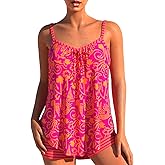MODLILY Two Piece Flowy Tankini Swimsuits for Women, Graffiti Print Curved Hem Tank Top with Boyshorts