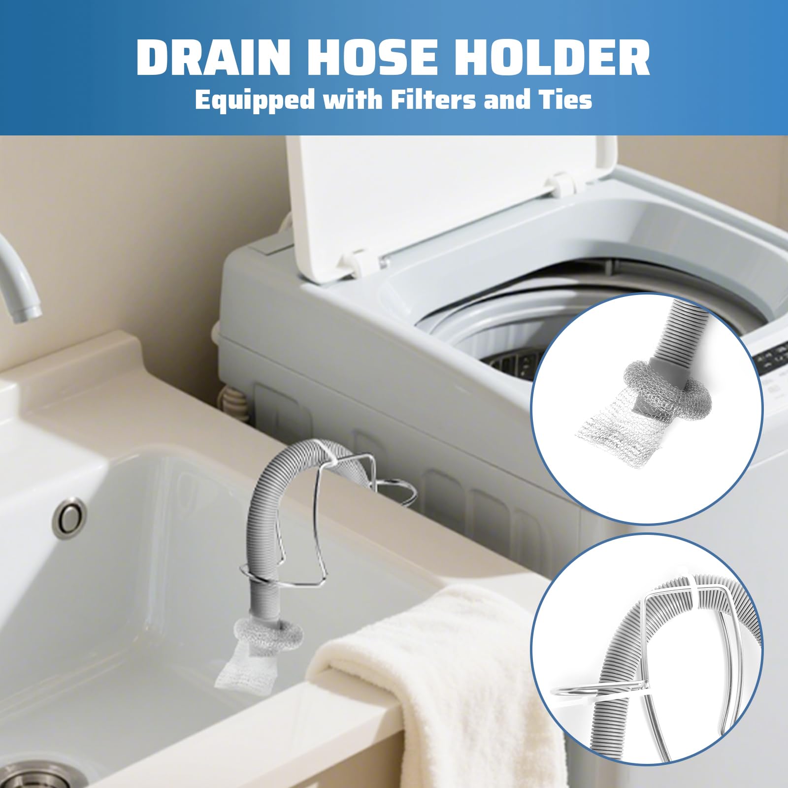 Washing Machine Drain Hose Holder, 304 Stainless Steel Adjustable Washer Drain Hose Holder, Universal Utility Sink Hose Clamp Fits All Tub Hose (0.1X5.3X5.5in)