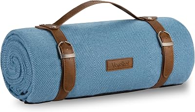 VonShef Picnic Blanket Blue Herringbone 180x147cm Waterproof Backing