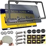 ZXFOOG License Plate Frame Cover Combo- Smoked Flat Plate Cover & Black Aluminum Carbon Fiber Car Tag Holder, Tinted Unbreaka